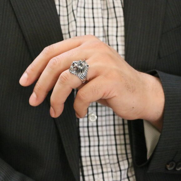 925SterlingSilver Lion Head Men'sRing cubic zircon - Picture 3 of 7